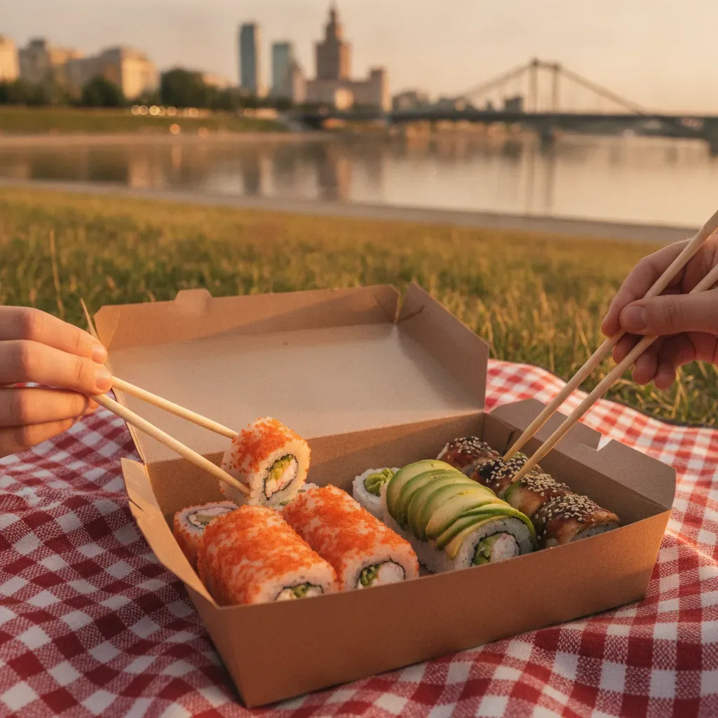 Sushi na wynos w Warszawie — letni wieczór nad Wisłą